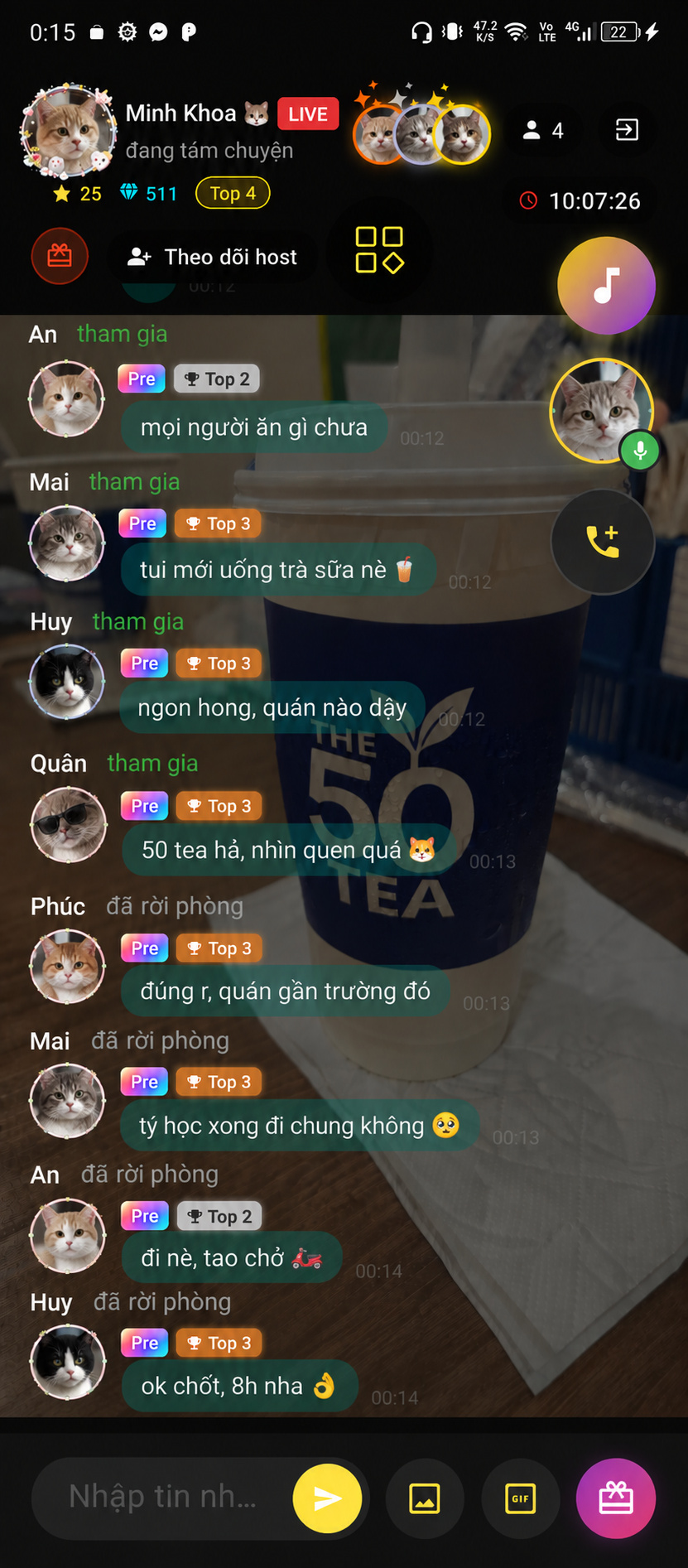 Màn hình phòng trò chuyện live audio trong Our Radio